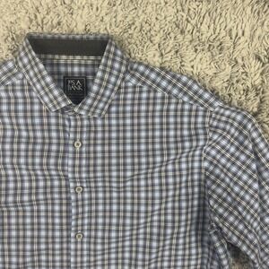 Jos. A. Bank Men's Large Button Travel Tech Up Shirt Blue Plaid Long Sleeve